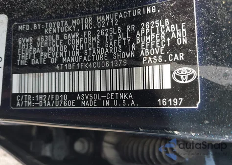 2012 Toyota Camry Le from USA, damaged, VIN 4T1BF1FK4CU061379